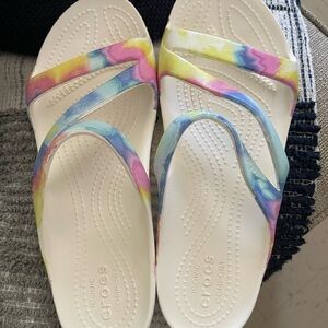 CROCS White Flip Flops with Rainbow Tie-Dye Straps
